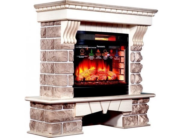 Каминокомплект Interflame Экстер Кавказ бежевый патина с очагом Panoramic 06 25 LED FX