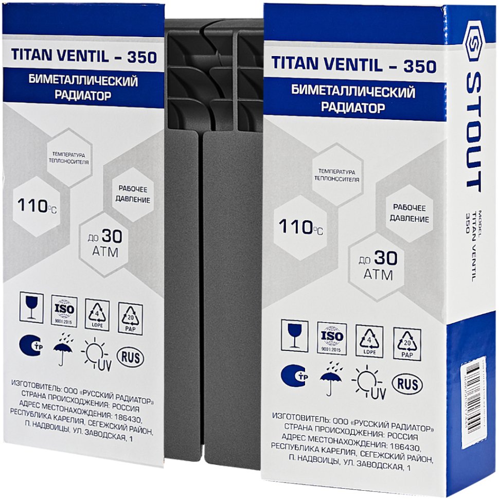 Биметаллический радиатор отопления Stout Titan Ventil 350 6 секций нижнее правое подключение графит RAL 7024
