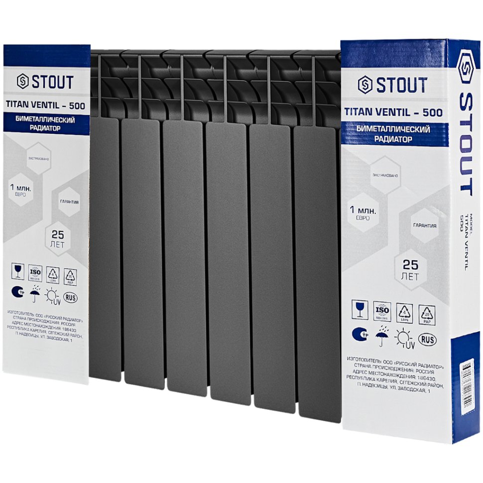 Биметаллический радиатор отопления Stout Titan Ventil 500 10 секций графит RAL 7024