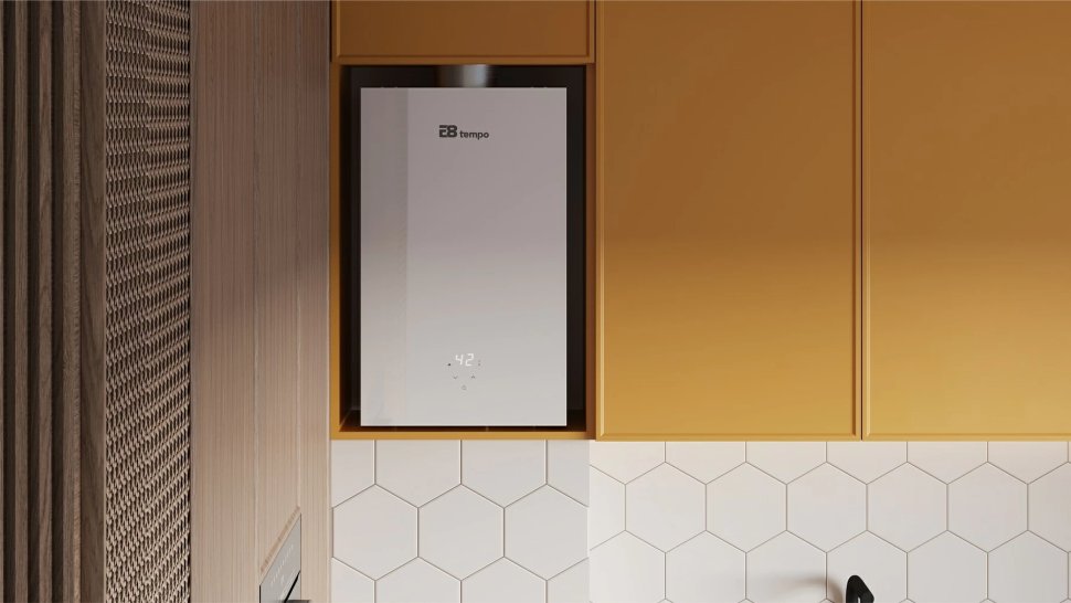 Проточный газовый водонагреватель E8 tempo E8WAY20 (белая стеклянная панель)