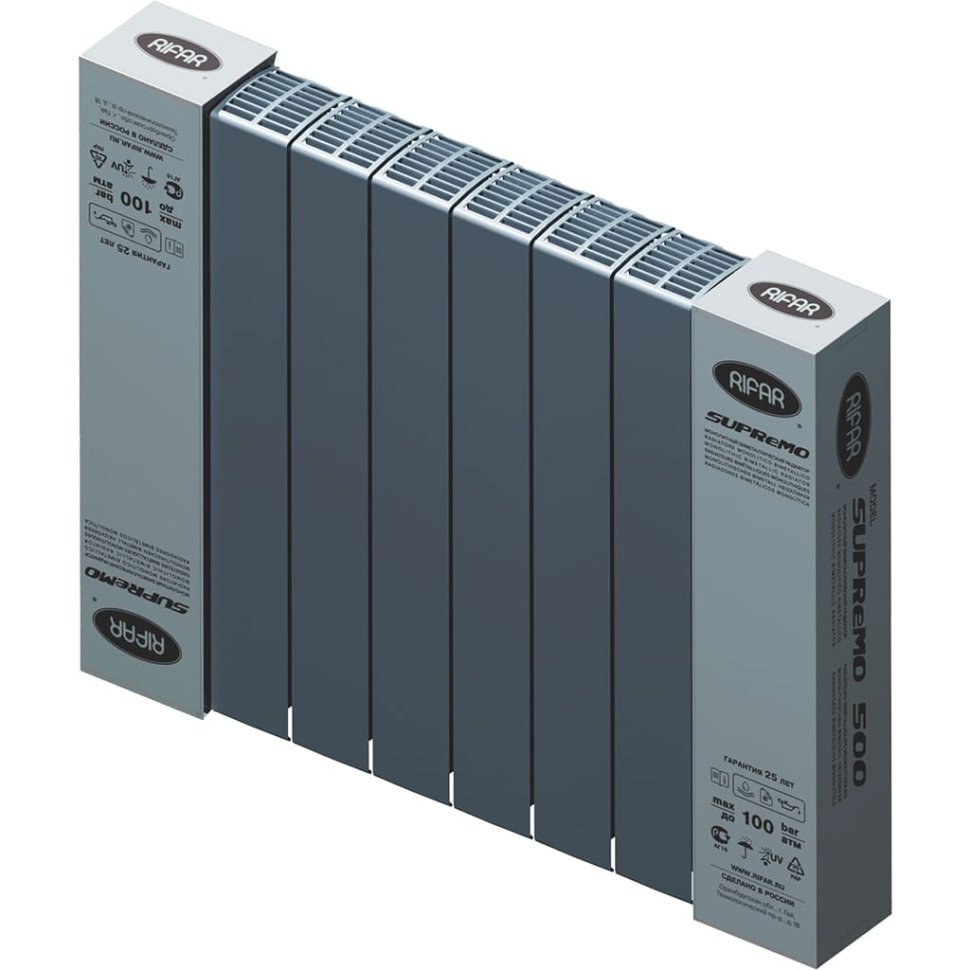 Биметаллический радиатор отопления Rifar Supremo 500 боковое подключение 8 секций титан