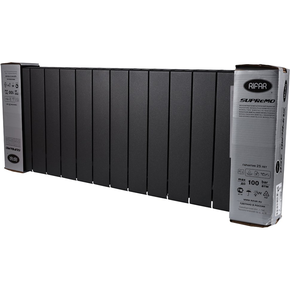 Биметаллический радиатор отопления Rifar Supremo Ventil SVR 350 14 секций нижнее правое подключение антрацит