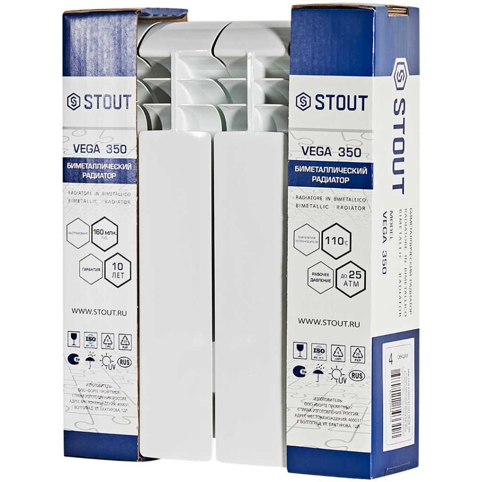 Биметаллический радиатор отопления Stout Vega 350 4 секции боковое подключение белый RAL 9016