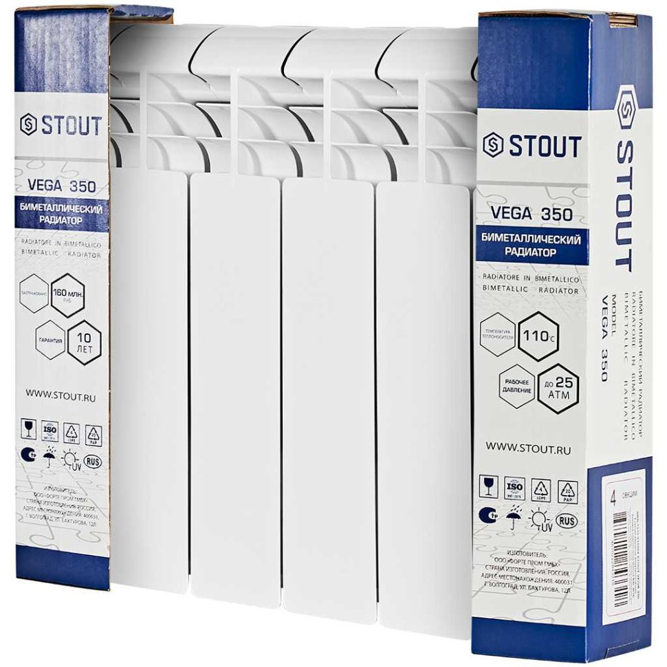 Биметаллический радиатор отопления Stout Vega 350 6 секций боковое подключение белый RAL 9016