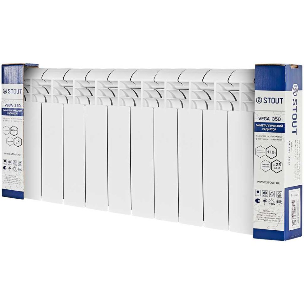 Биметаллический радиатор отопления Stout Vega 350 12 секций боковое подключение белый RAL 9016