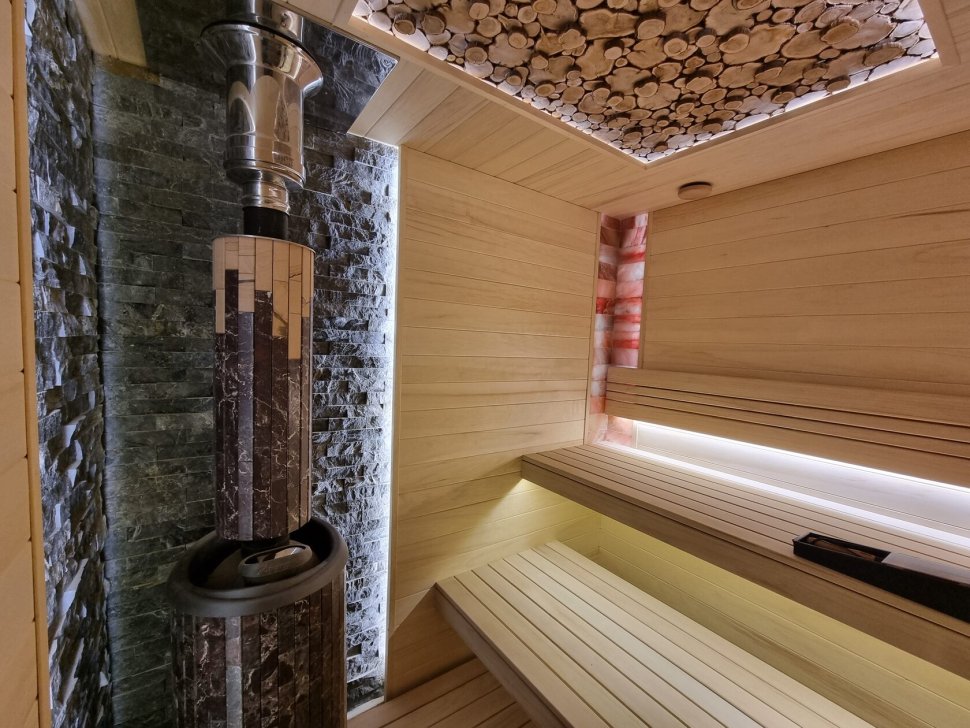 Печь банная PROMetall Атмосфера L в ламелях Россо Леванто наборный рисунок