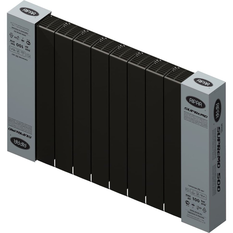 Биметаллический радиатор отопления Rifar Supremo 500 боковое подключение 10 секций антрацит